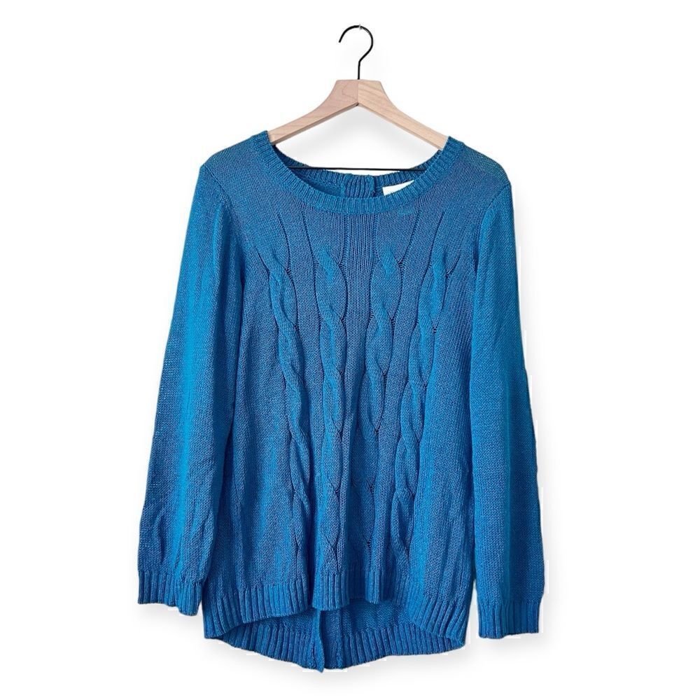Soft Surroundings Round Neck Button Back Cable Knit Sweater Teal XL